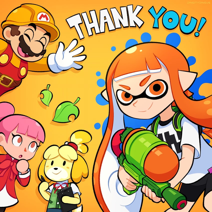inkling player character, inkling girl, mario, isabelle, villager, and 1 more (splatoon and 5 more) drawn by vinny_(dingitydingus)