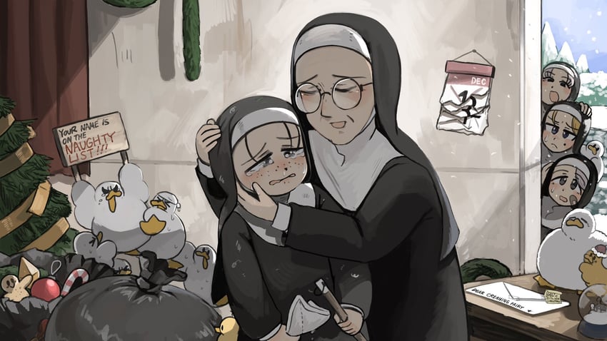 strict nun, smug nun, leaf nun, freckles nun, and mother superior (little nuns) drawn by diva_(hyxpk)