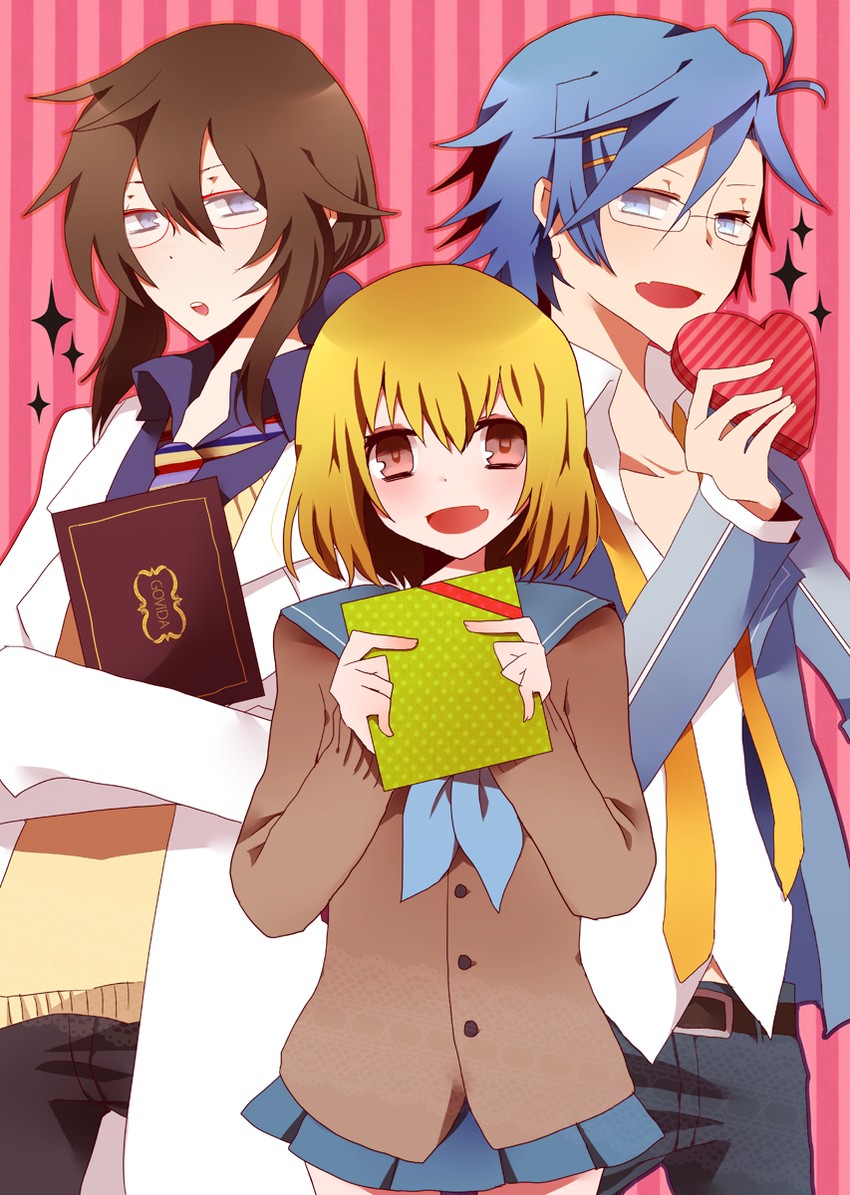 iwamine shuu, tousaka hiyoko, and sakazaki yuuya (hatoful kareshi) drawn by areco_kagu