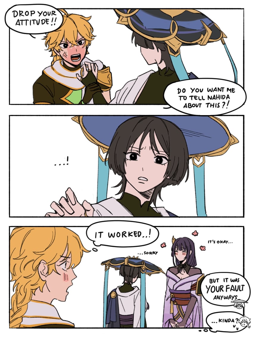 raiden shogun, scaramouche, aether, and wanderer (genshin impact) drawn by jerukin