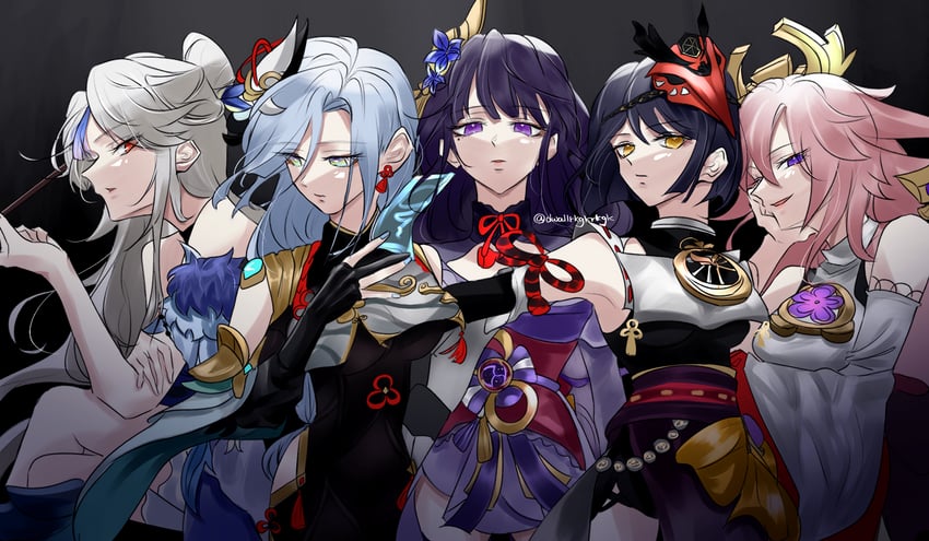 raiden shogun, yae miko, shenhe, ningguang, and kujou sara (genshin impact) drawn by doru