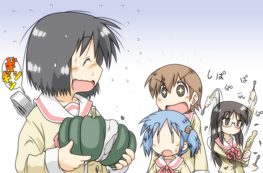 shinonome nano, naganohara mio, aioi yuuko, and minakami mai (nichijou) drawn by gaketsu