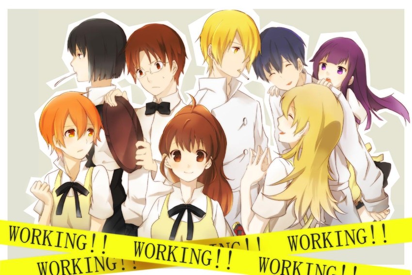 taneshima popura, inami mahiru, yamada aoi, todoroki yachiyo, satou jun, and 3 more (working!!) drawn by tamura_(sntmr)