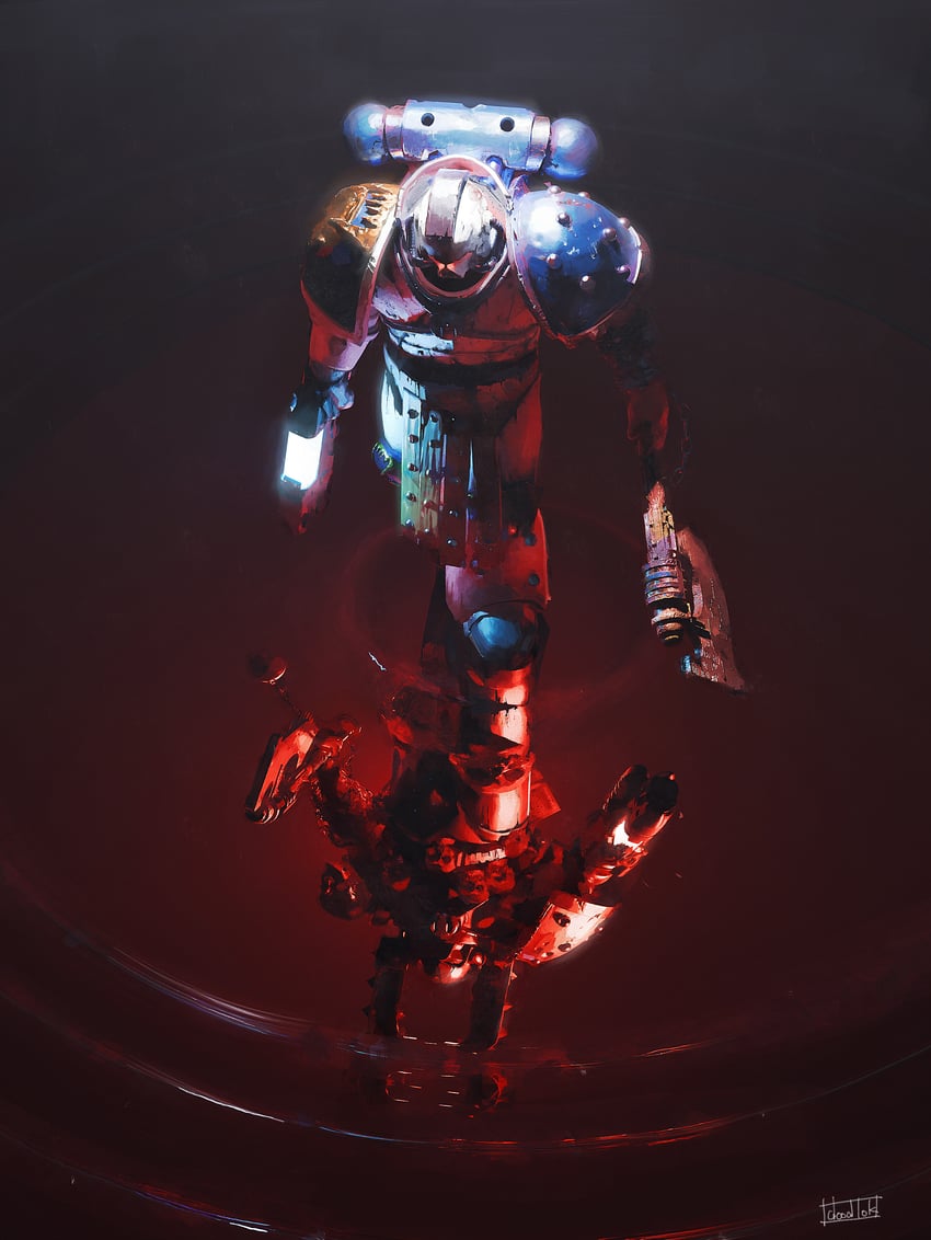 adeptus astartes, chaos space marine, and kharn the betrayer (warhammer 40k) drawn by doodlok