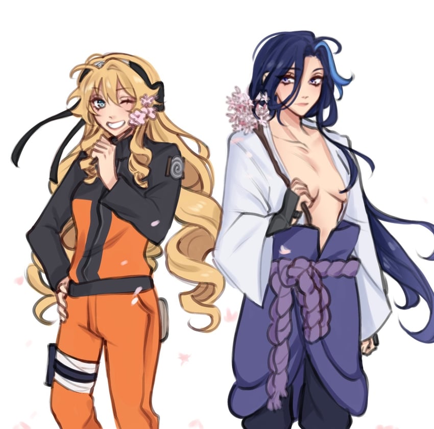 uzumaki naruto, uchiha sasuke, clorinde, and navia (genshin impact and 2 more) drawn by miaueimiko
