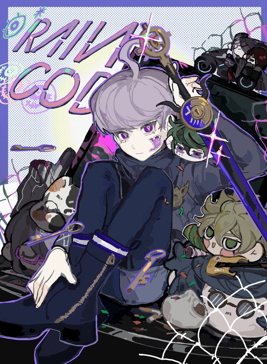 shinigami, yuma kokohead, halara nightmare, yomi hellsmile, vivia twilight, and 3 more (master detective archives: rain code) drawn by voltmeter_f