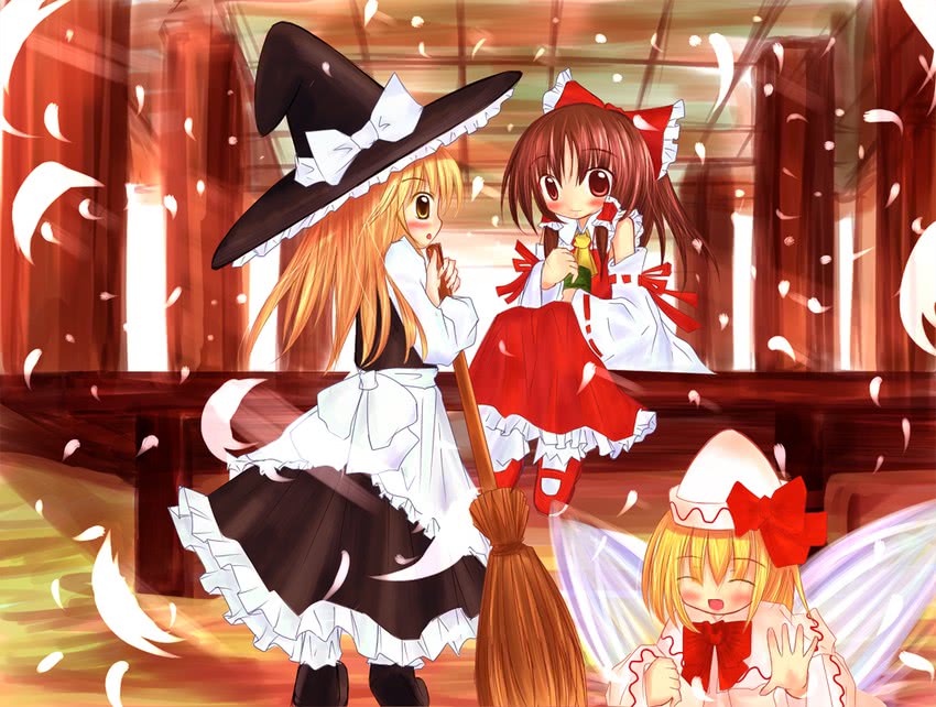 hakurei reimu, kirisame marisa, and lily white (touhou) drawn by arisato