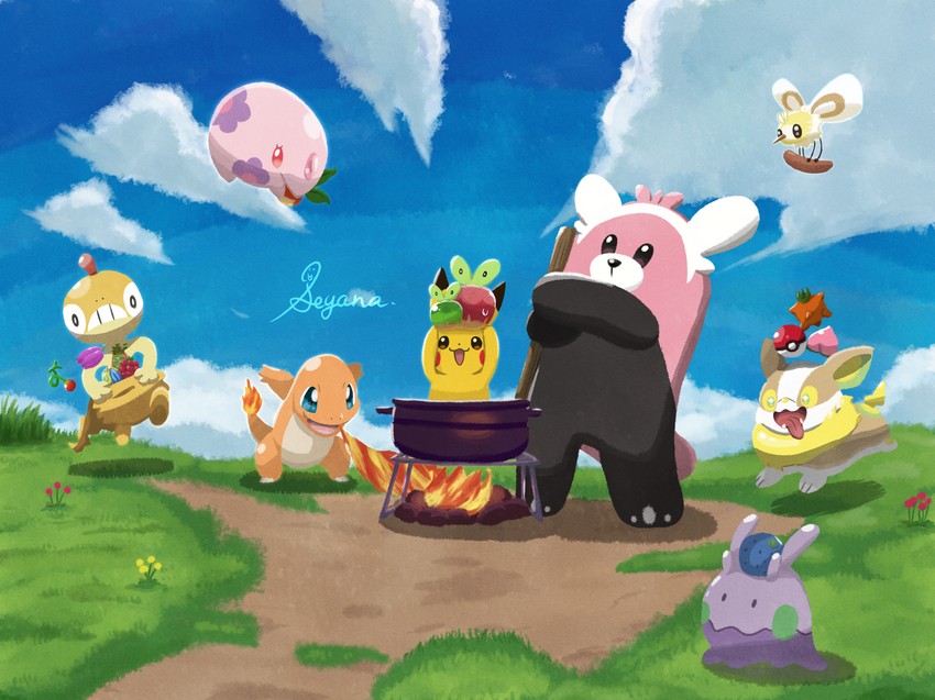 pikachu, charmander, yamper, goomy, applin, and 4 more (pokemon) drawn by seyana_(seyanaillust)