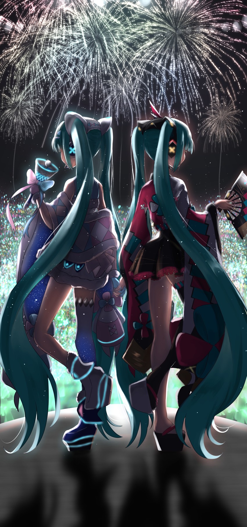 hatsune miku and magical mirai miku (vocaloid and 1 more) drawn by itogari