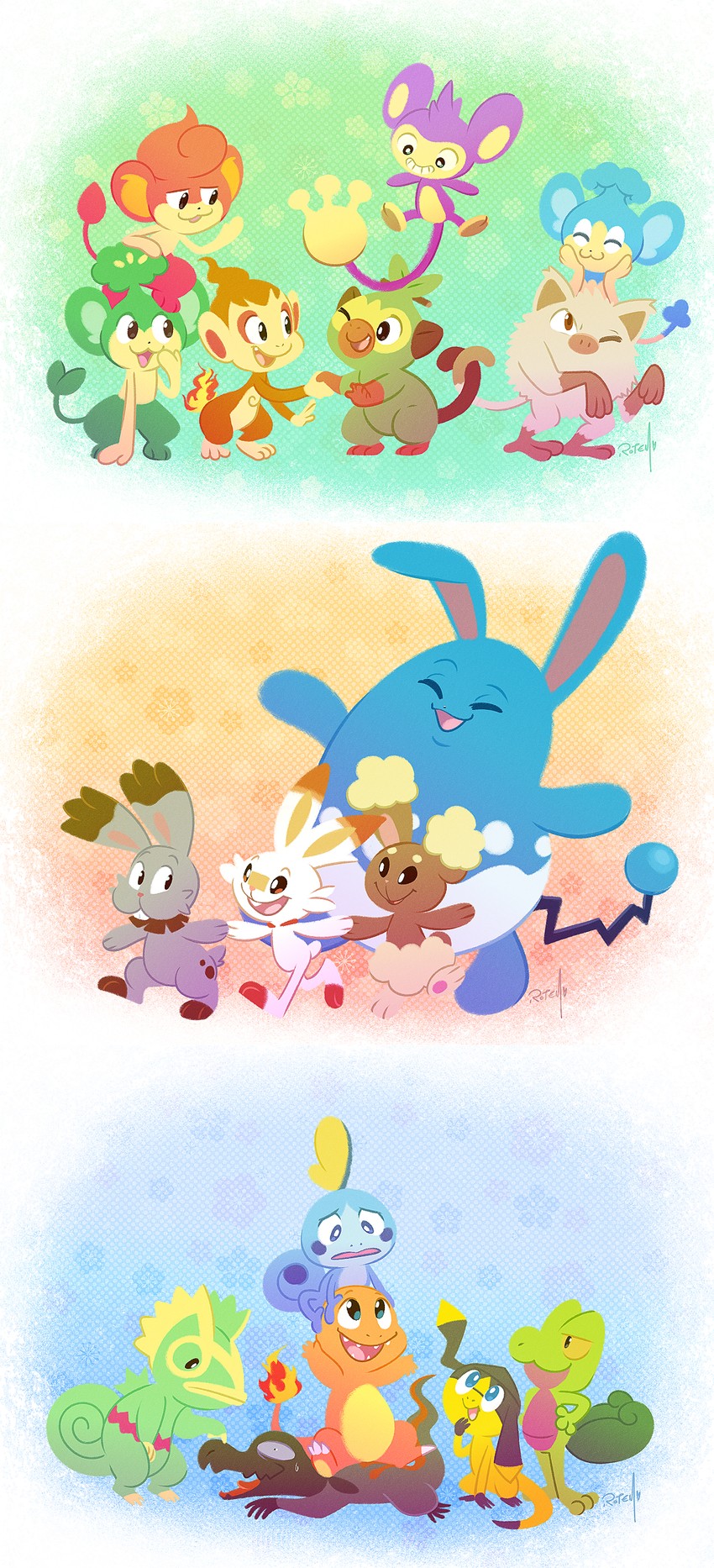 scorbunny, charmander, sobble, grookey, treecko, and 12 more (pokemon) drawn by vaporotem