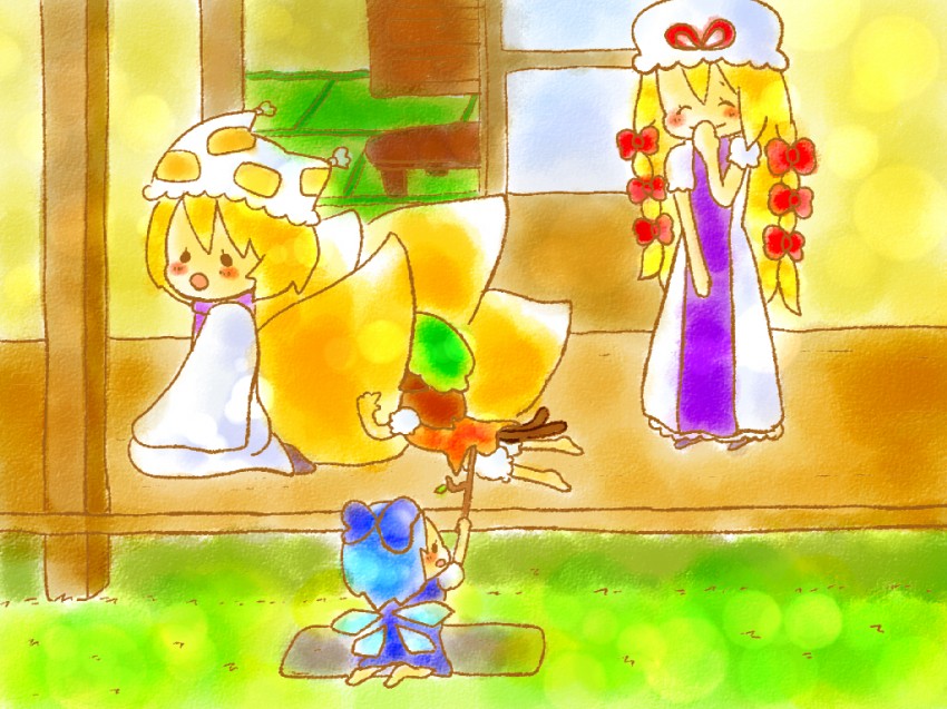 cirno, yakumo yukari, yakumo ran, and chen (touhou) drawn by moko_(iiioookkkaaa)