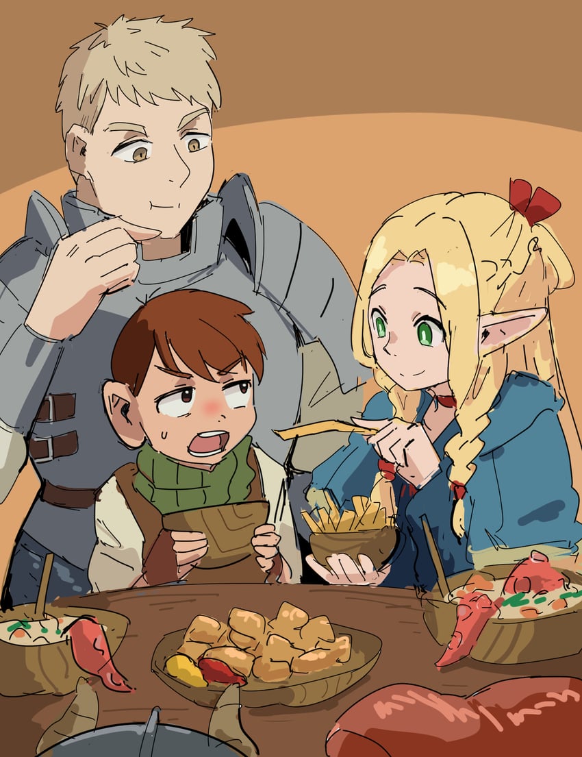 marcille donato, laios touden, and chilchuck tims (dungeon meshi and 2 more) drawn by tenten_(chan4545)