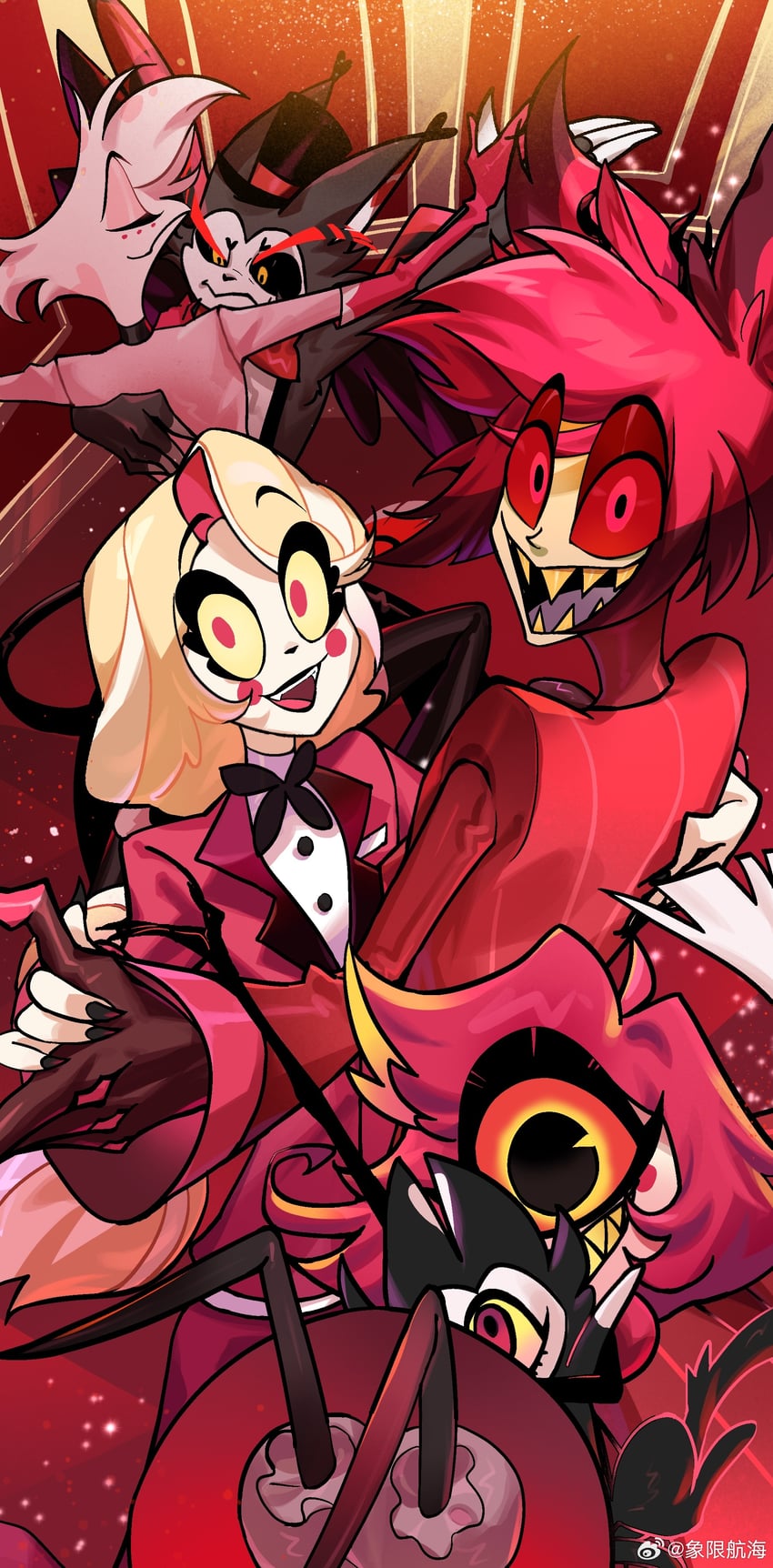 charlie morningstar, alastor, angel dust, husk, niffty, and 1 more (hazbin hotel) drawn by xiangxian_hanghai
