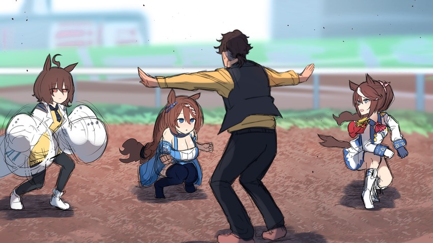 trainer, agnes tachyon, tokai teio, and super creek (umamusume and 1 more) drawn by akaoni_(zumt3548)