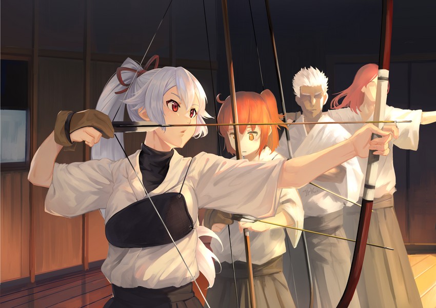 fujimaru ritsuka, archer, tomoe gozen, and tristan (fate and 1 more) drawn by jhc_kai