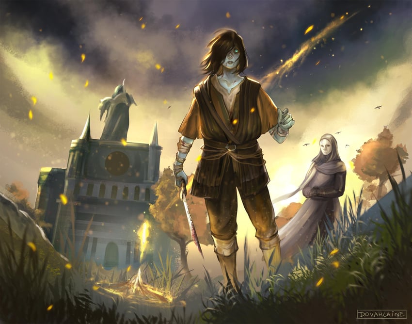 tarnished, white-faced varre, and pidge (elden ring) drawn by dovahcaine