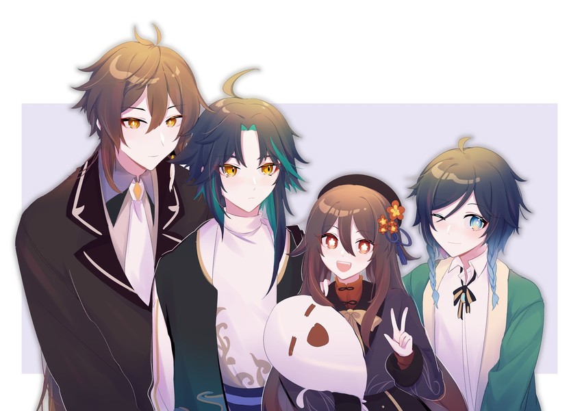 hu tao, zhongli, venti, xiao, and boo tao (genshin impact) drawn by venti_suki