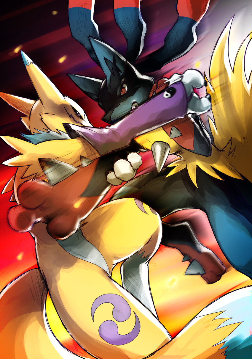 lucario, renamon, and mega lucario (pokemon and 1 more) drawn by kotatsucats