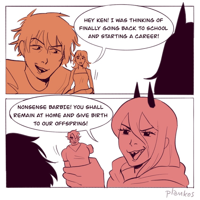 power, denji, barbie, and ken (chainsaw man and 1 more) drawn by plankos