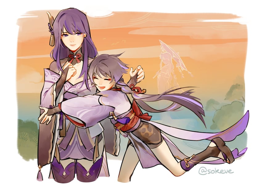 raiden shogun, scaramouche, and makoto (genshin impact) drawn by sokeve