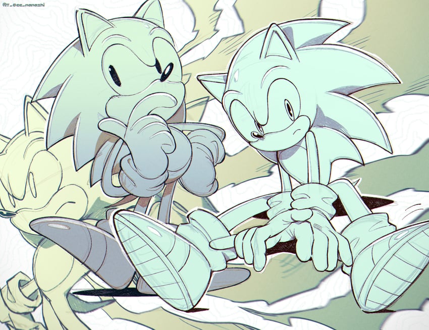 sonic the hedgehog and classic sonic (sonic and 1 more) drawn by show_chiku-by