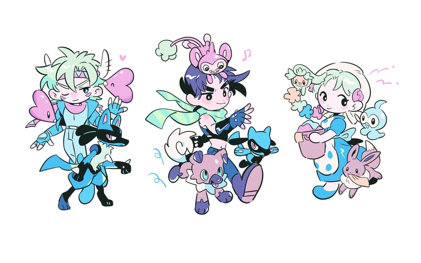 joseph joestar, eevee, caesar anthonio zeppeli, lucario, riolu, and 6 more (pokemon and 2 more) drawn by gogeyama