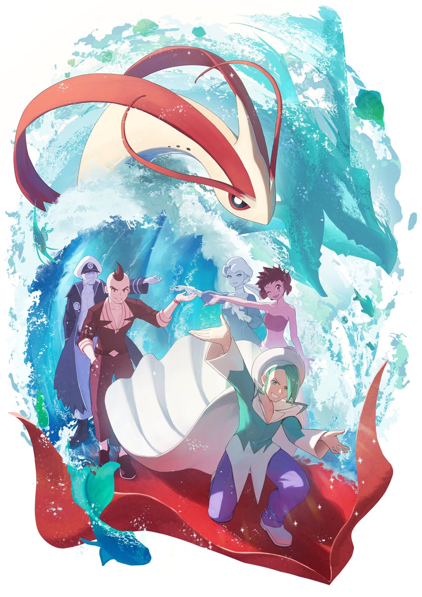 milotic, wallace, phoebe, glacia, sidney, and 1 more (pokemon and 3 more) drawn by odd_(hin_yari)