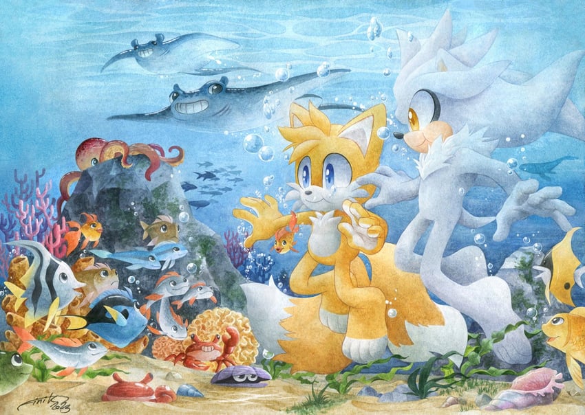 tails and silver the hedgehog (sonic) drawn by finik
