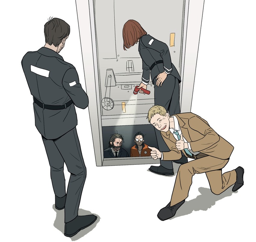 kim kitsuragi, harry du bois, jean vicquemare, judit minot, and trant heidelstam (disco elysium) drawn by cheetahman_(1ddghfr78cswc)