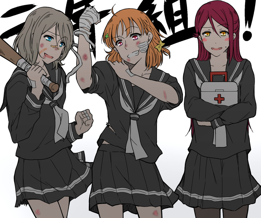watanabe you, sakurauchi riko, and takami chika (love live! and 1 more) drawn by kougi_hiroshi