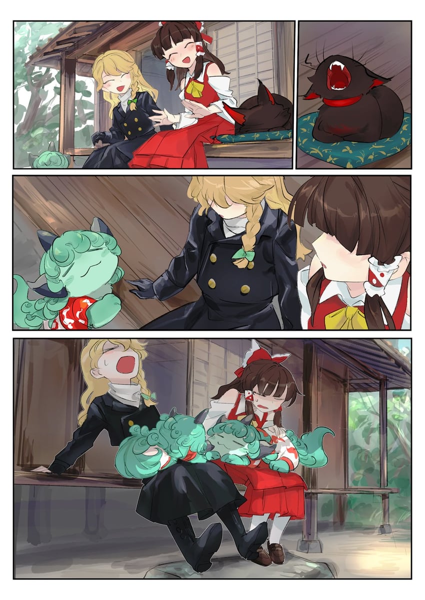 hakurei reimu, kirisame marisa, kaenbyou rin, and komano aunn (touhou and 1 more) drawn by chamaruk