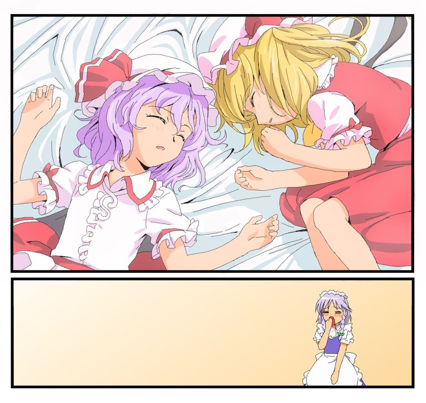 remilia scarlet, flandre scarlet, and izayoi sakuya (touhou) drawn by ikuya_koimori
