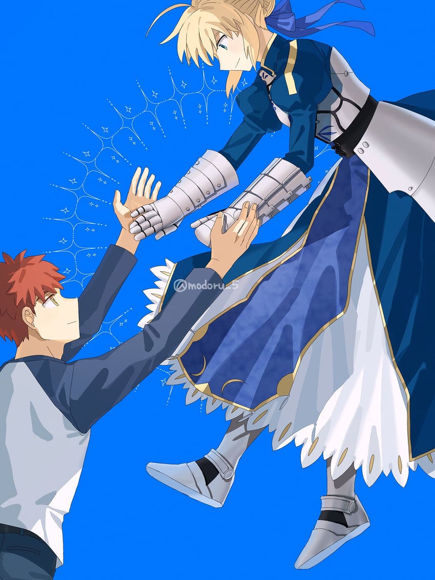 artoria pendragon, saber, and emiya shirou (fate and 1 more) drawn by modoru_5