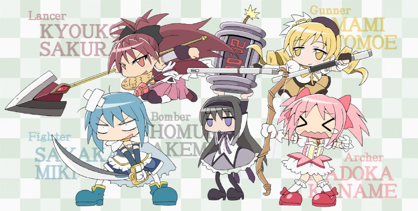 akemi homura, kaname madoka, miki sayaka, sakura kyoko, and tomoe mami (mahou shoujo madoka magica) drawn by yoshiwo_(kanikama)