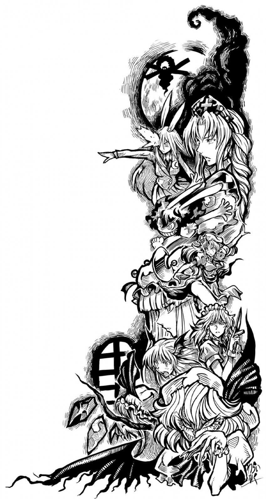remilia scarlet, flandre scarlet, izayoi sakuya, patchouli knowledge, reisen udongein inaba, and 5 more (touhou) drawn by warainaku