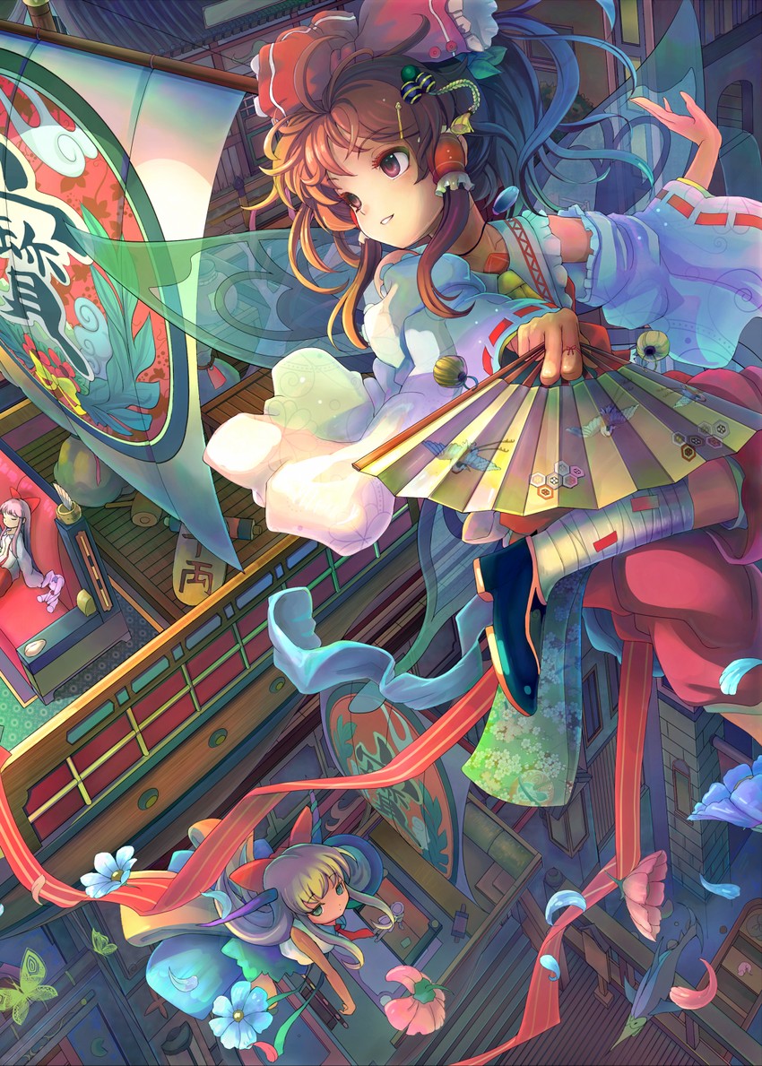 hakurei reimu, fujiwara no mokou, and ibuki suika (touhou) drawn by sanntouhei