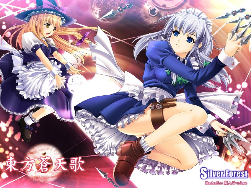 kirisame marisa and izayoi sakuya (touhou and 1 more) drawn by rakujin