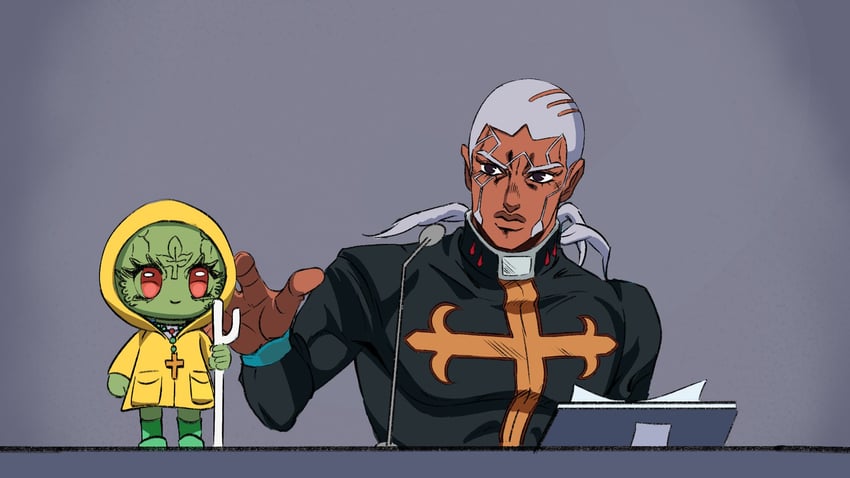 enrico pucci, luce, and green baby (jojo no kimyou na bouken and 2 more) drawn by flanpucci