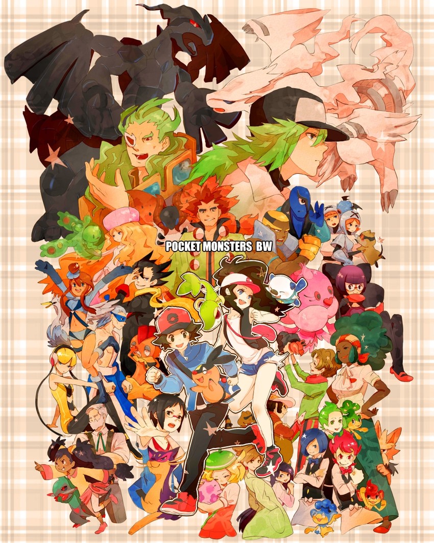 hilda, hilbert, n, skyla, elesa, and 41 more (pokemon and 1 more) drawn by one_(brs)
