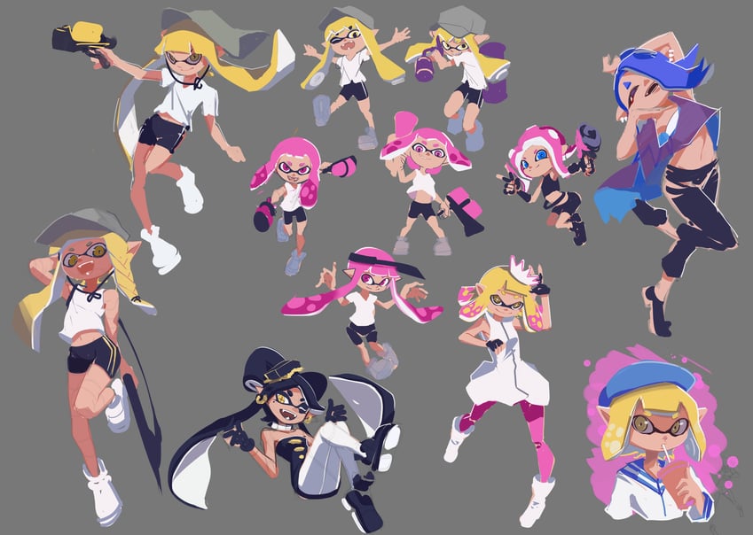 inkling player character, inkling girl, octoling player character, octoling girl, shiver, and 2 more (splatoon and 1 more) drawn by xfiro