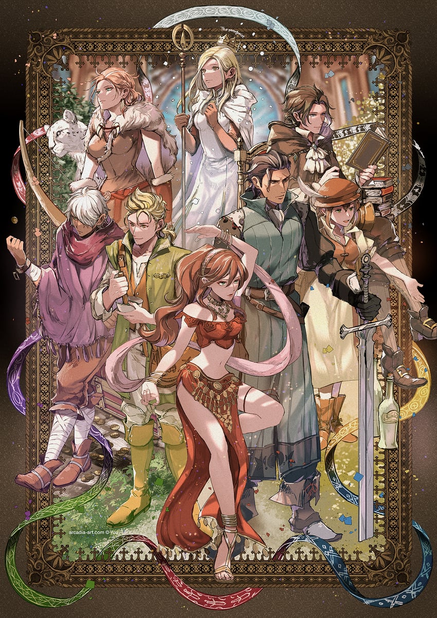 therion, tressa colzione, ophilia clement, primrose azelhart, cyrus albright, and 3 more (octopath traveler and 1 more) drawn by yuu_(arcadia)
