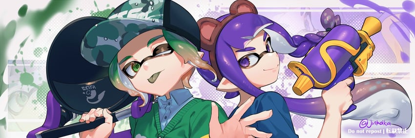 inkling player character, inkling girl, and inkling boy (splatoon) drawn by jinkoika