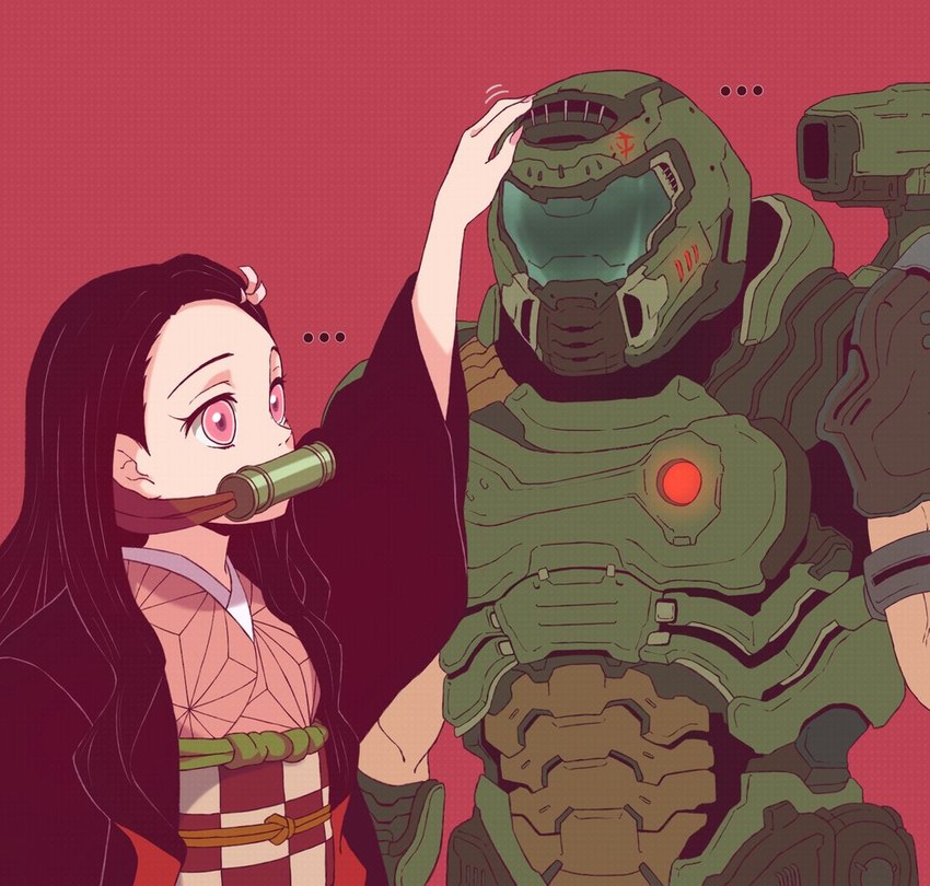 kamado nezuko and doomguy (kimetsu no yaiba and 2 more) drawn by kukie-nyan