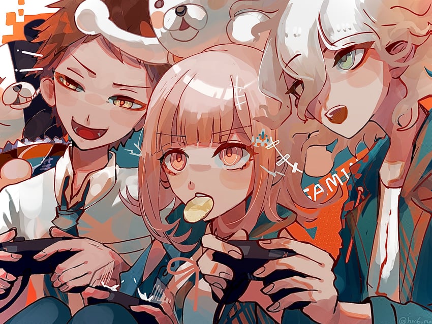 nanami chiaki, komaeda nagito, hinata hajime, monokuma, and monomi (danganronpa and 2 more) drawn by kata_tsumurou