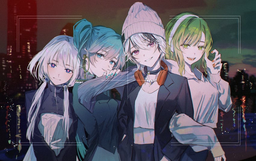 hatsune miku, gumi, flower, and kafu (vocaloid and 2 more) drawn by karanagare