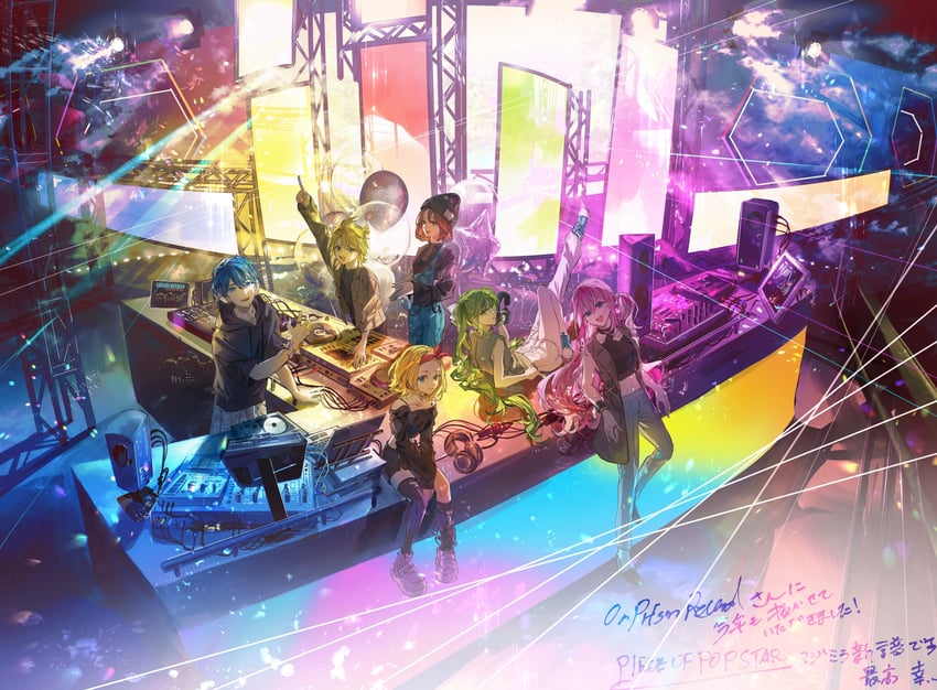 hatsune miku, kagamine rin, kagamine len, megurine luka, kaito, and 1 more (vocaloid) drawn by karanagare