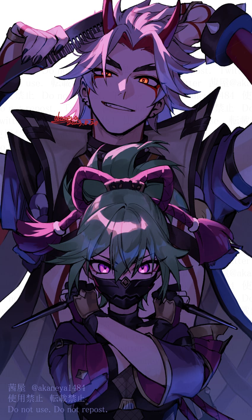 kuki shinobu and arataki itto (genshin impact) drawn by ojo_aa