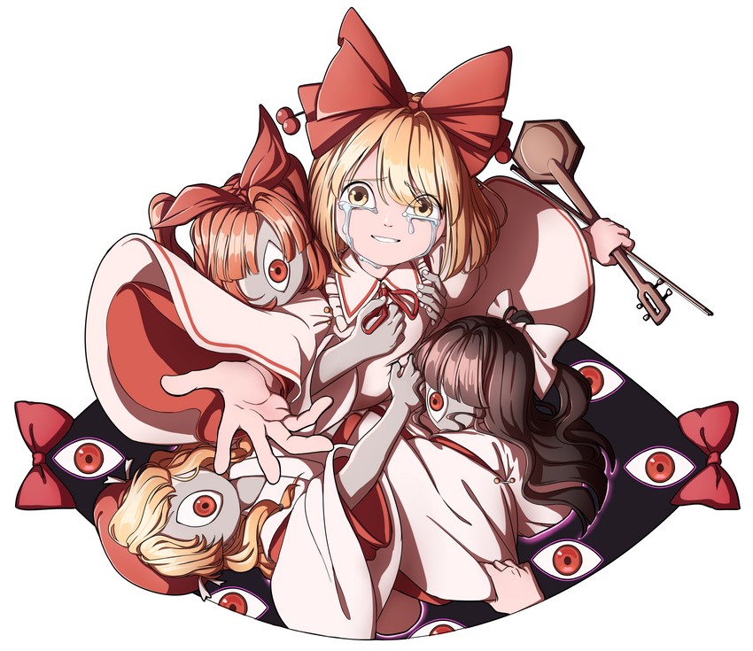 satsuki rin, girl who trained on mt. haku, hourai girl, and blonde shrine maiden from a future era (touhou and 1 more) drawn by mefomefo