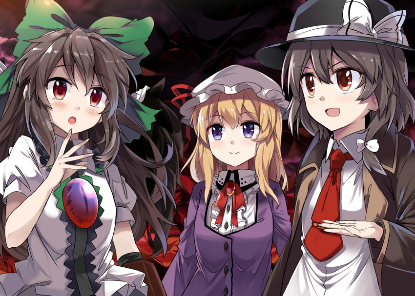 reiuji utsuho, usami renko, and maribel hearn (touhou) drawn by e.o.