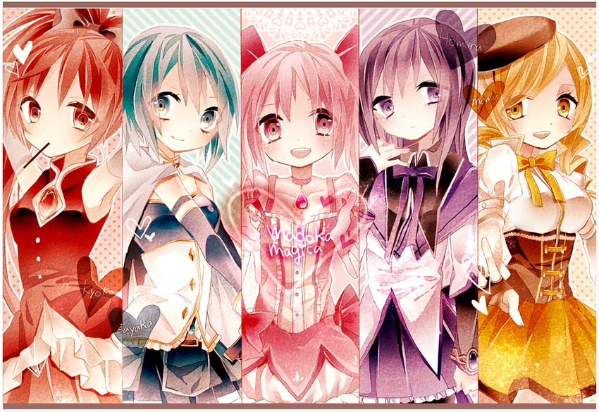 akemi homura, kaname madoka, miki sayaka, sakura kyoko, and tomoe mami (mahou shoujo madoka magica) drawn by yuucho_(cololal)